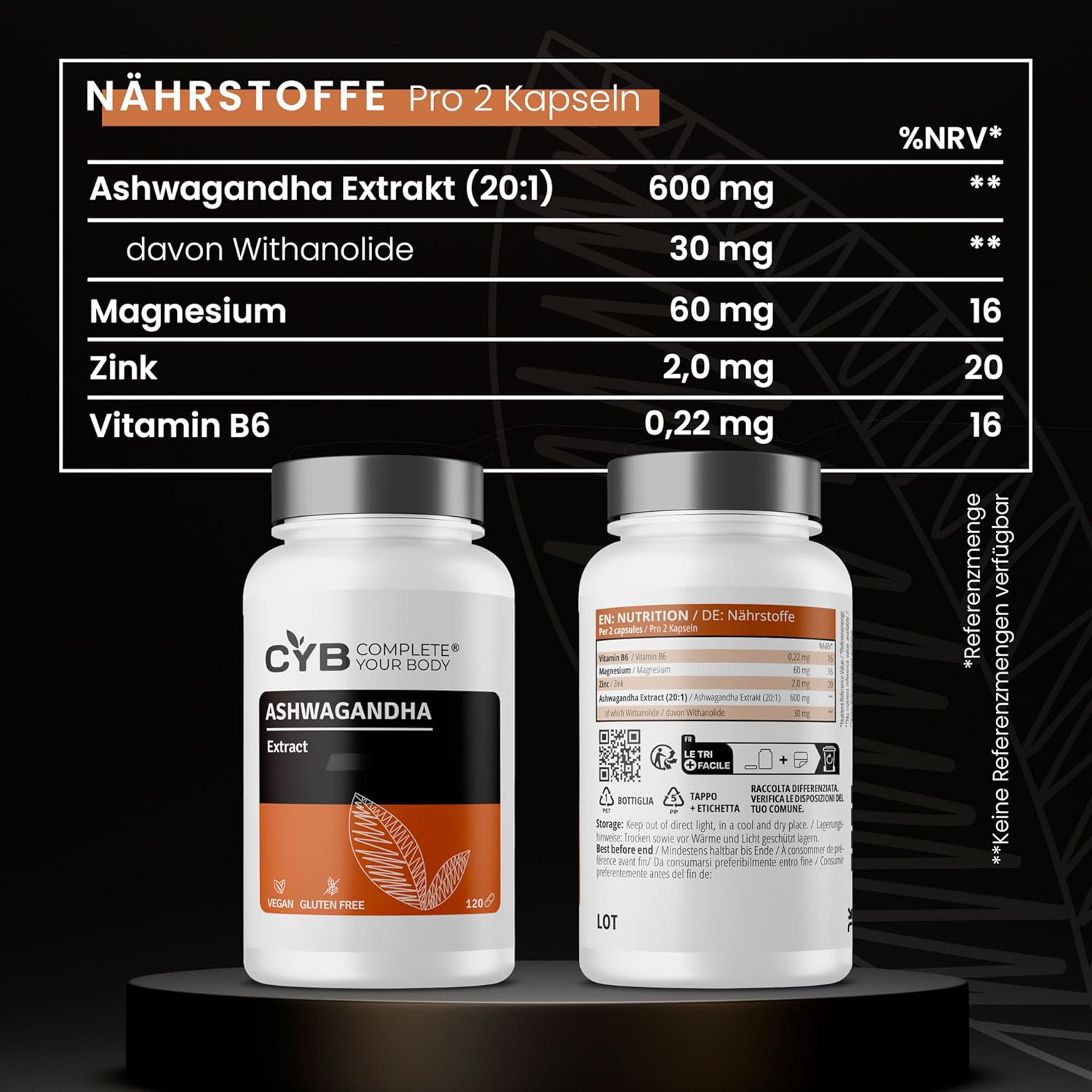 Magnesium Komplex mit B6 & Zink – Ashwagandha High Dose with Magnesium Glycinate, Vitamin B6 and Zinc - Stress and Energy Support - 120 Capsules - Vegan - Laboratory Tested – Bild 3