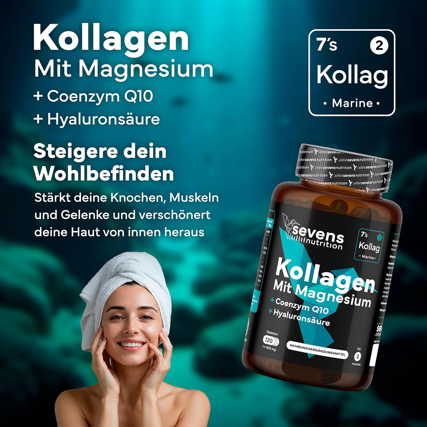 Magnesium Komplex mit B6 & Zink – Collagen Capsules High Dose - Premium Collagen Hydrolysate Complex with Hyaluronic Acid, Q10, Magnesium & Vitamins A, C, D3, B12 + Zinc - Laboratory Tested - 120 Tablets - Sevens Nutrition – Bild 2