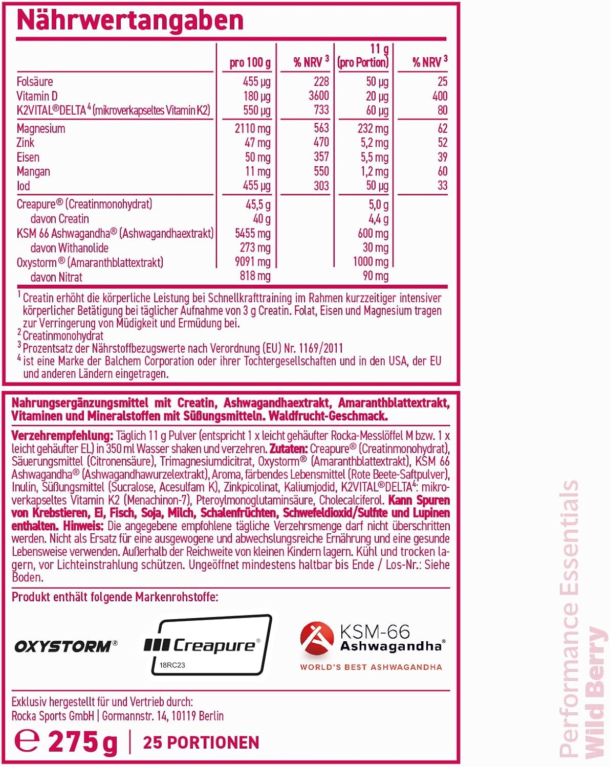 Magnesium Komplex mit B6 & Zink – Rocka Nutrition Performance Essentials Multi-Nutrient Mix with Creatine, Ashwagandha, Nitrate, Magnesium, Iron & Zinc, Vegan Performance & Recovery Supplement, 100% Flavour, 275 g (Wild Berry) – Bild 4