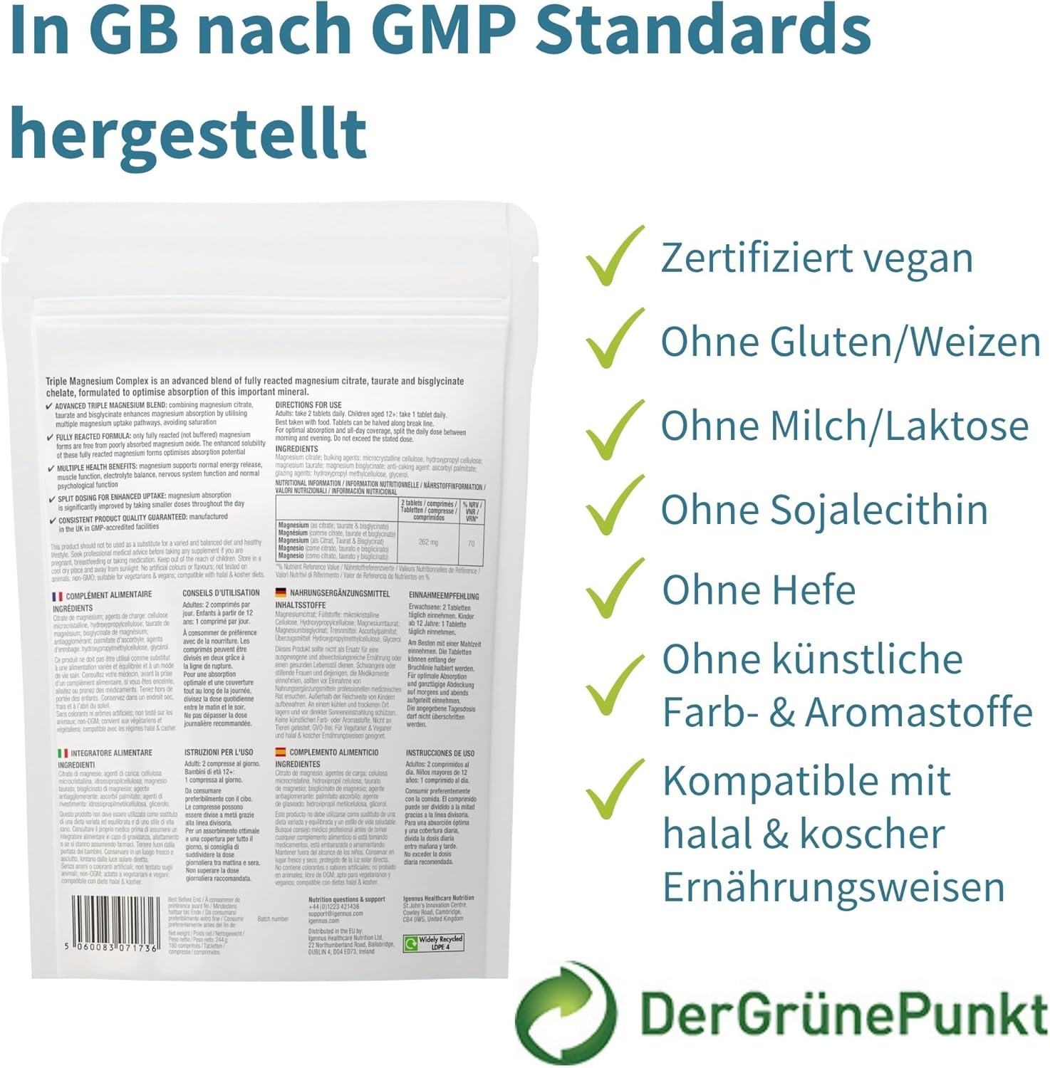 Magnesium Komplex mit B6 & Zink – Igennus Advanced Triple Magnesium Complex, Fully Reacted & Chelated Glycinate, Taurate & Citrate, Clean Label, High Bioavailability & Absorption, 180 Tablets, Vegan – Bild 8