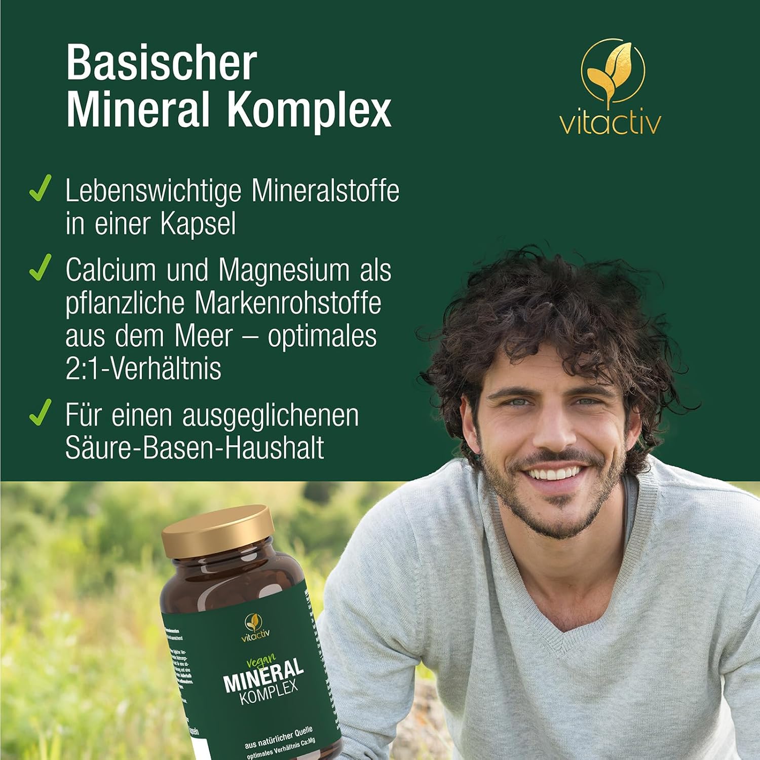 Magnesium Komplex mit B6 & Zink – VITACTIV Mineral Complex - Brand Raw Material Aquamin, Marines Calcium & Magnesium (2:1) - Basic Minerals & Trace Elements with Zinc for Acid-Base Metabolism - Vegan, High Dose, 120 Capsules – Bild 3