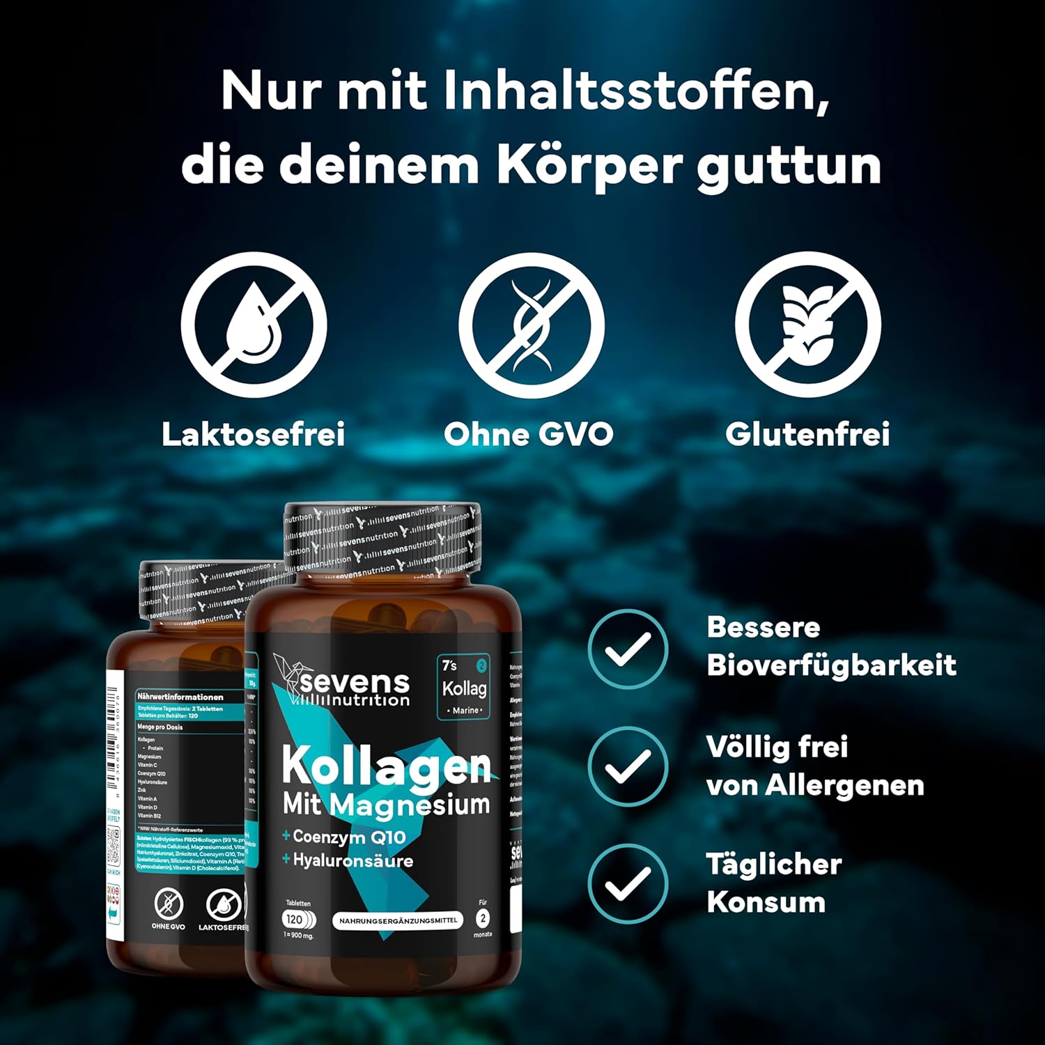 Magnesium Komplex mit B6 & Zink – Collagen Capsules High Dose - Premium Collagen Hydrolysate Complex with Hyaluronic Acid, Q10, Magnesium & Vitamins A, C, D3, B12 + Zinc - Laboratory Tested - 120 Tablets - Sevens Nutrition – Bild 4