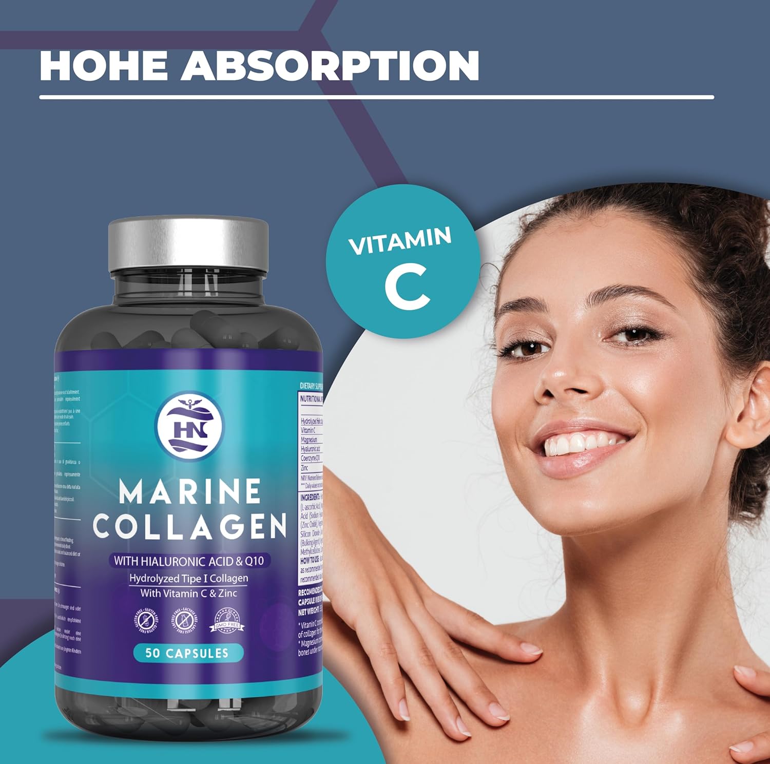 Magnesium Komplex mit B6 & Zink – Collagen Capsules High Dose with Hyaluronic Acid. Collagen Capsules with Magnesium and Vitamin C - Coenzyme Q10, Magnesium and Zinc, Sea Collagen with Hyaluronic Acid (50 Capsules) – Bild 5