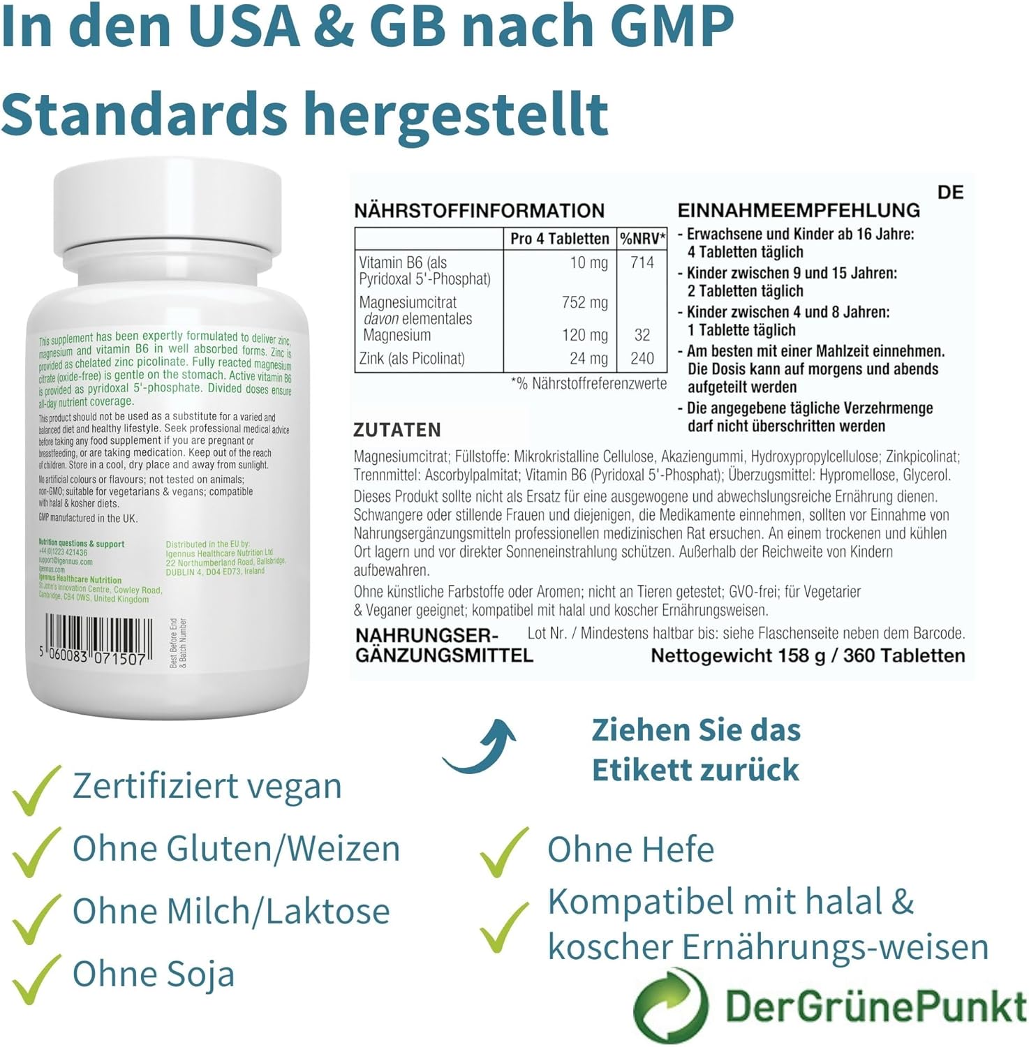 Magnesium Komplex mit B6 & Zink – Neurobalance ZMB6 Tablets, High Dose, with Zinc, Vitamin B6 and Magnesium, Vegan, 360 Tablets – Bild 5