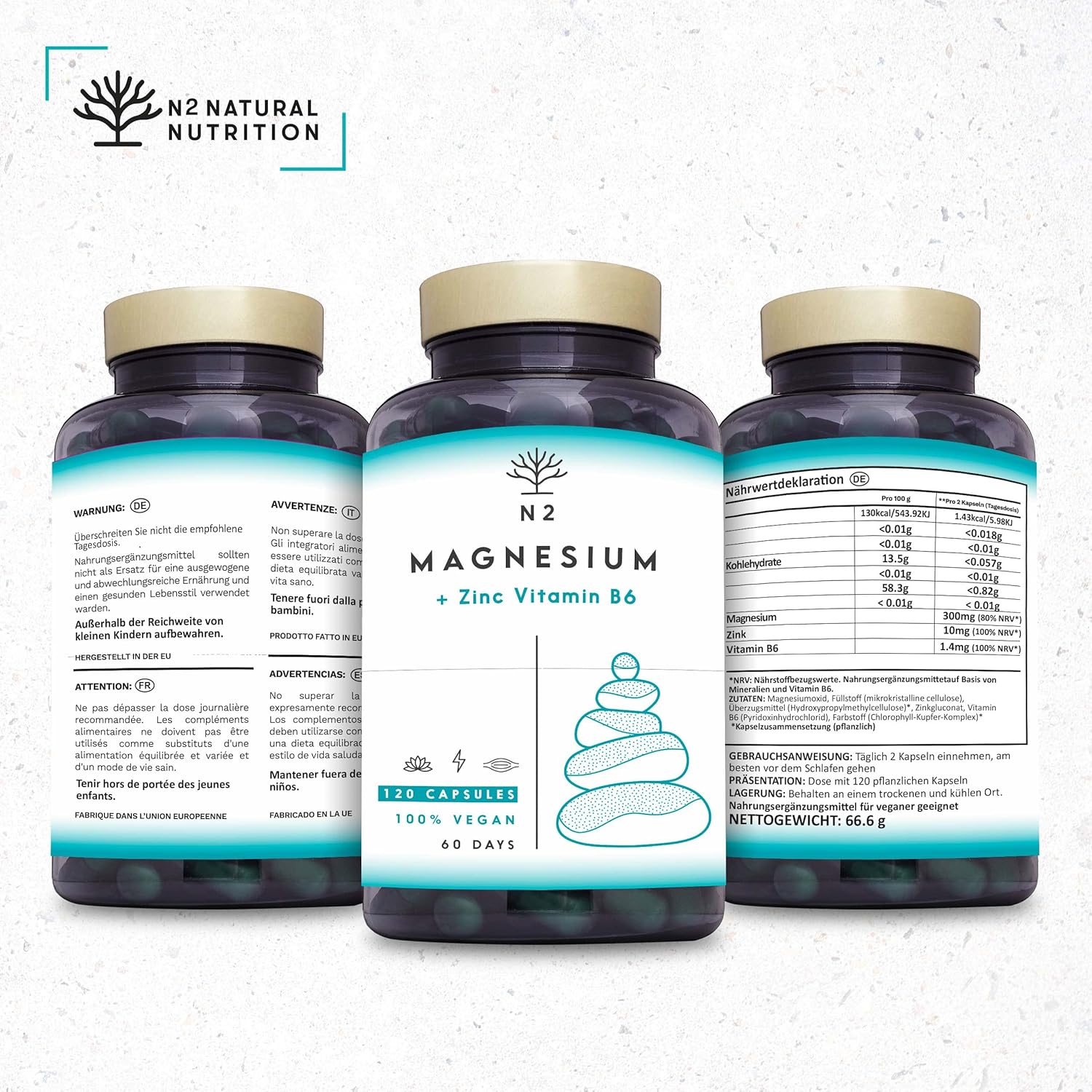Magnesium Komplex mit B6 & Zink – Magnesium High Dose Capsules Zinc Vitamin B6 Complex | Muscle Function, Energy, Reduced Fatigue | Sleep Supplement | Highly Bioavailable. 120 Capsules. Vegan. EU N2 Natural Nutrition – Bild 3