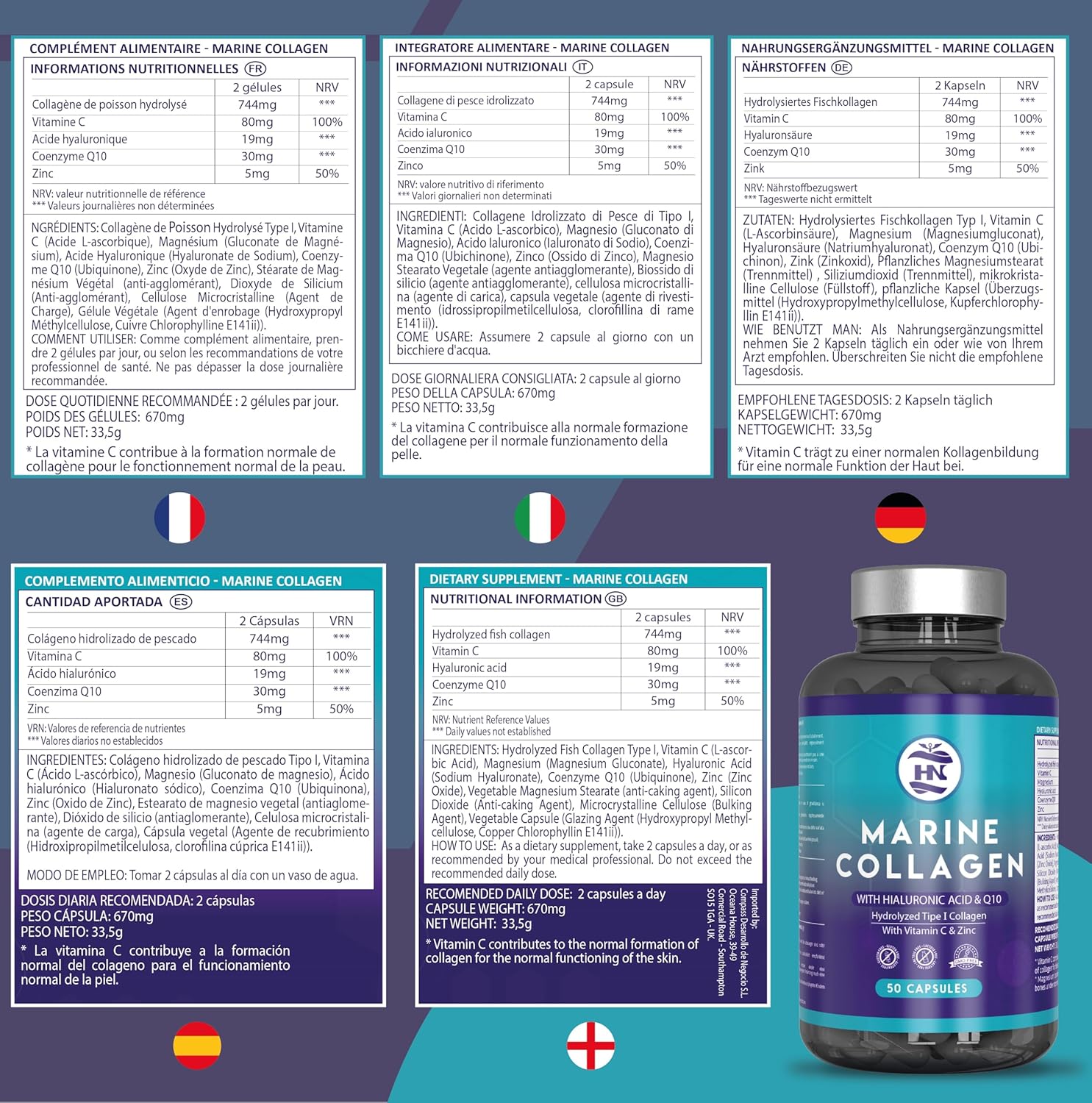 Magnesium Komplex mit B6 & Zink – Collagen Capsules High Dose with Hyaluronic Acid. Collagen Capsules with Magnesium and Vitamin C - Coenzyme Q10, Magnesium and Zinc, Sea Collagen with Hyaluronic Acid (50 Capsules) – Bild 6