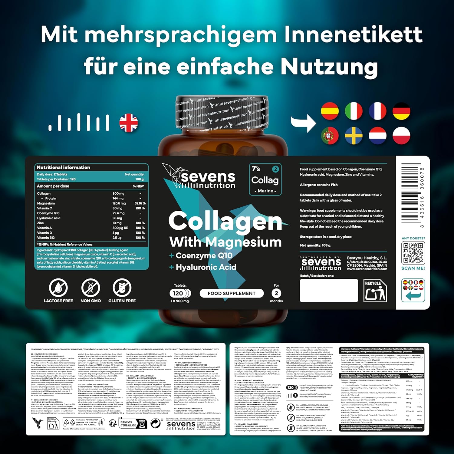 Magnesium Komplex mit B6 & Zink – Collagen Capsules High Dose - Premium Collagen Hydrolysate Complex with Hyaluronic Acid, Q10, Magnesium & Vitamins A, C, D3, B12 + Zinc - Laboratory Tested - 120 Tablets - Sevens Nutrition – Bild 7